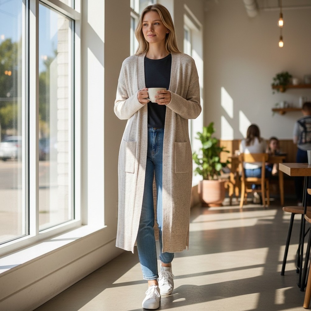 A New Day Oatmeal Heather Longline Open Front Duster Cardigan Sweater Small